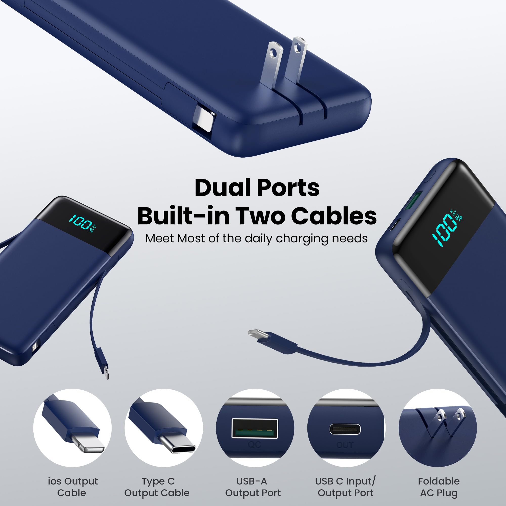 Cargador portátil con enchufe de CA integrado y cables, 13800 mAh todo en uno, USB C, cargador de batería portátil para iPhone 17/16/14, Galaxy, Android, azul oscuro