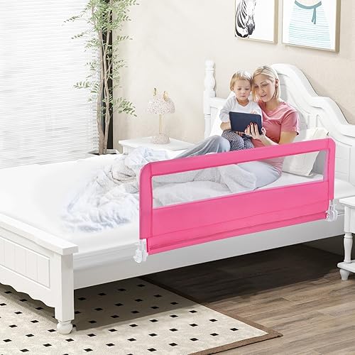Miniatura 2 de BABY JOY Rieles de cama para niños pequeños, 59 pulgadas, extra largo, protector de cama abatible con correas de seguridad, barandilla plegable para
