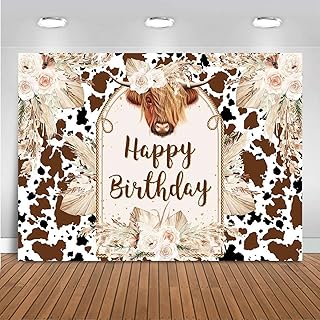 Mocsicka Cows Happy Birthday Backdrop Brown Highland Cattle Pampas Grass Photography Background Vinyl Boho Farm Cow Birthday Party Decorations Cake Table Photo Booth Props (7x5ft)