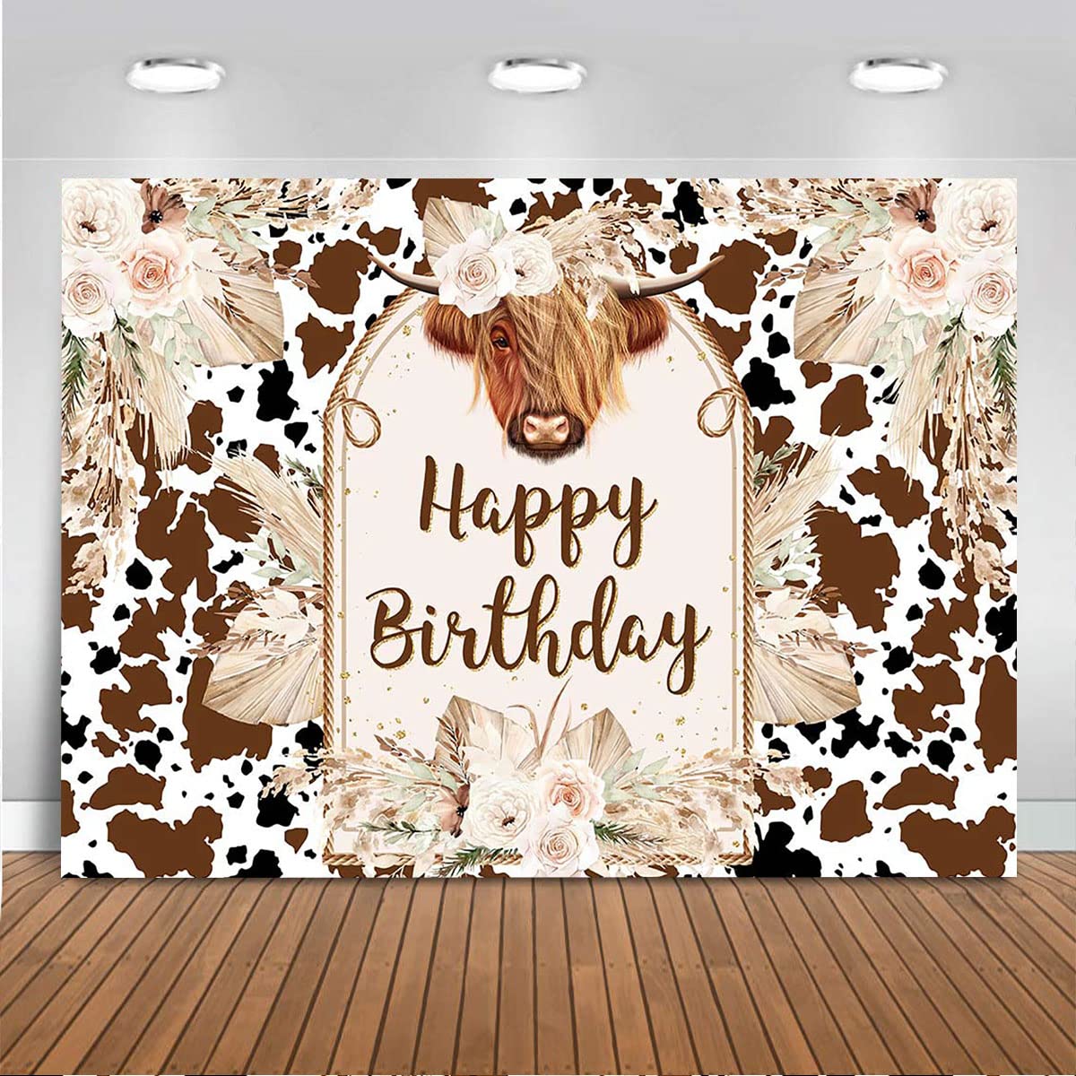 Mocsicka Cows Happy Birthday Backdrop Brown Highland Cattle Pampas Grass Photography Background Boho Farm Cow Birthday Party Decorations Cake Table