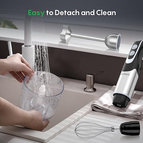 Miniatura 8 de FRESKO Batidora de inmersión de mano, mezclador eléctrico de mano de acero inoxidable 4 en 1 con 12 velocidades y modo turbo, potente licuadora de
