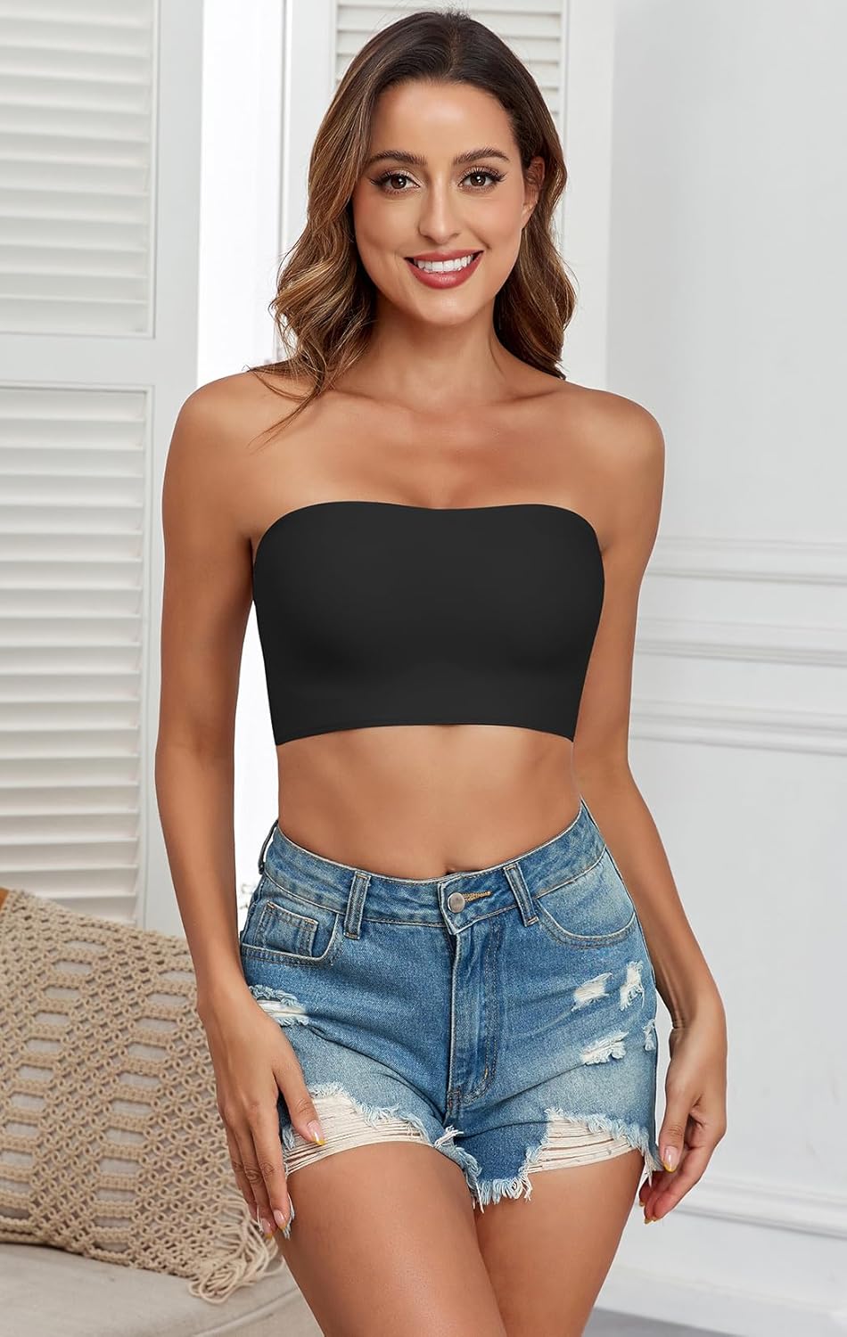 Strapless Bras for Women Non-Slip Silicone Bandeau Bra Seamless Wireless Strapless Bra Padded with 1 Pairs Straps - Image 4