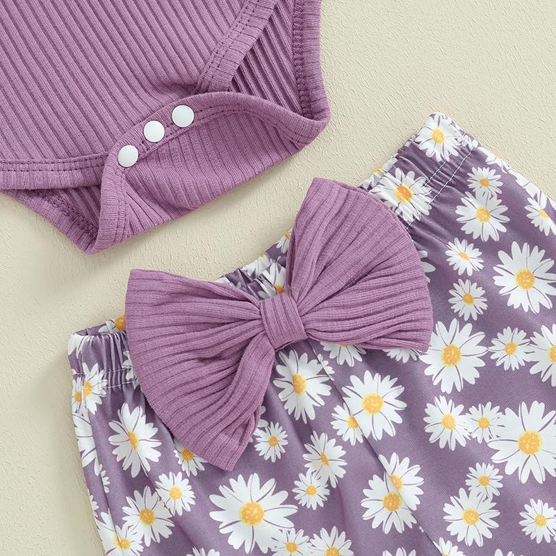 fhutpw Newborn Baby Girl Clothes Rib Frill Long Sleeve Romper Daisy Flared Pants Headband Set 3pcs Fall Winter Outfits - Image 5