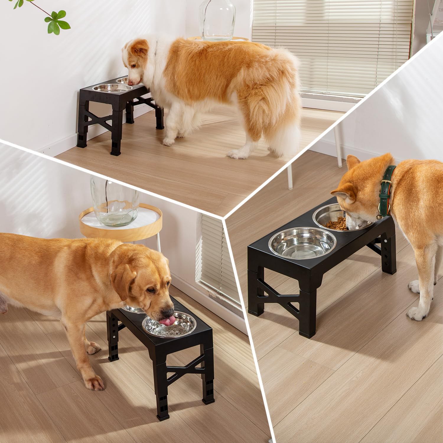 FOREYY Comedero y Bebedero Elevado Ajustable Con 2 Cuencos de Acero Inoxidable 1200ML, 5 Alturas, Antideslizante Para Perros Medianos y Grandes, Negro