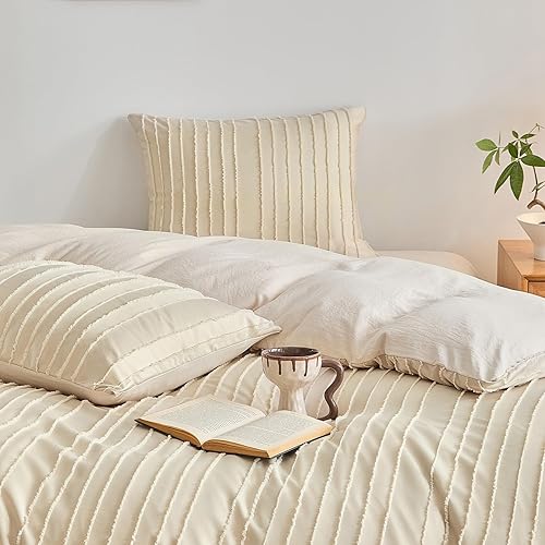 Miniatura 7 de WARMDERN Juego de funda de edredón bohemio de color caqui, tamaño Queen, juego de ropa de cama con mechones con textura a rayas, 3 piezas, funda de