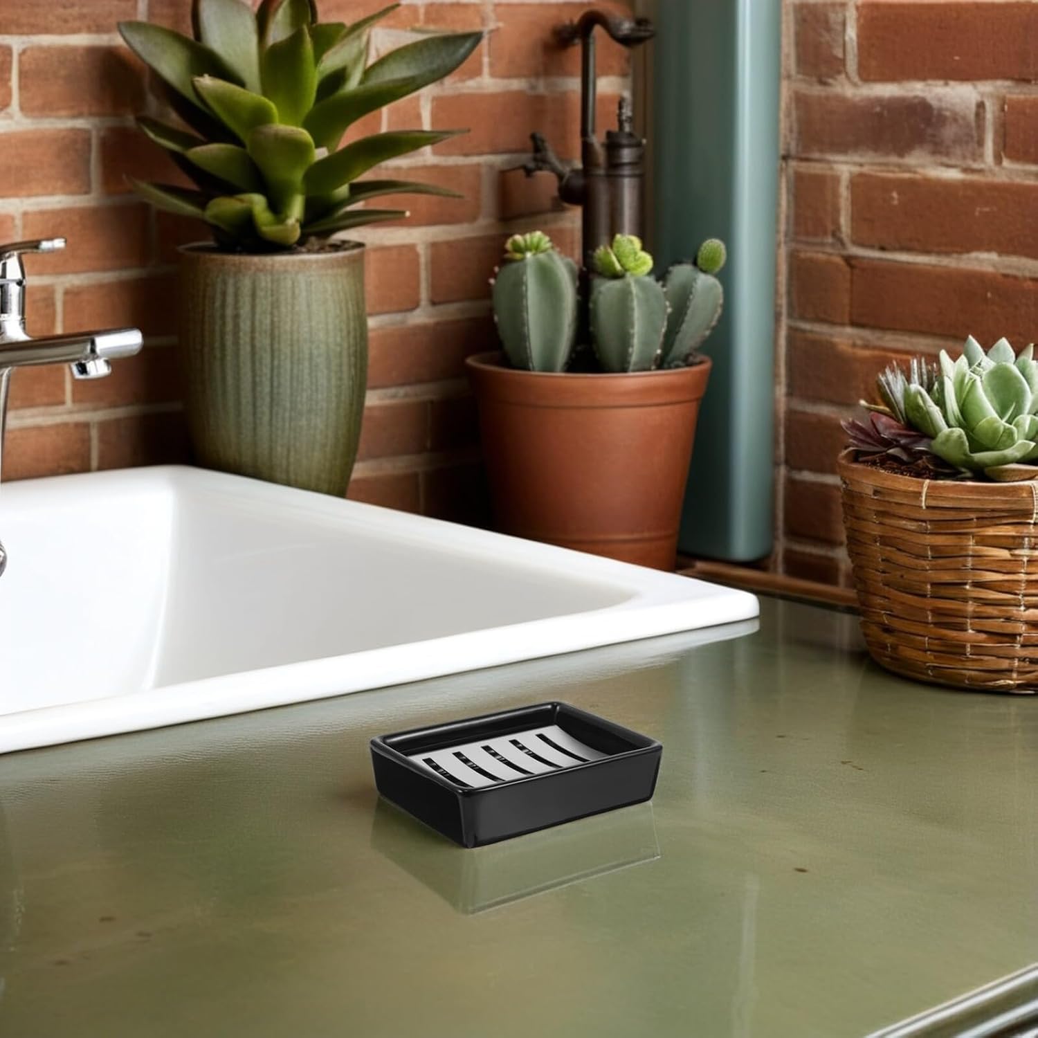 Ciieeo Ceramic Soap Dish with 304 Stainless Steel Double-Layer Drainage Tray, Matte Silver and Black Ceramic Bathroom Soap Holder for Vanity and Shower Sink Organizer