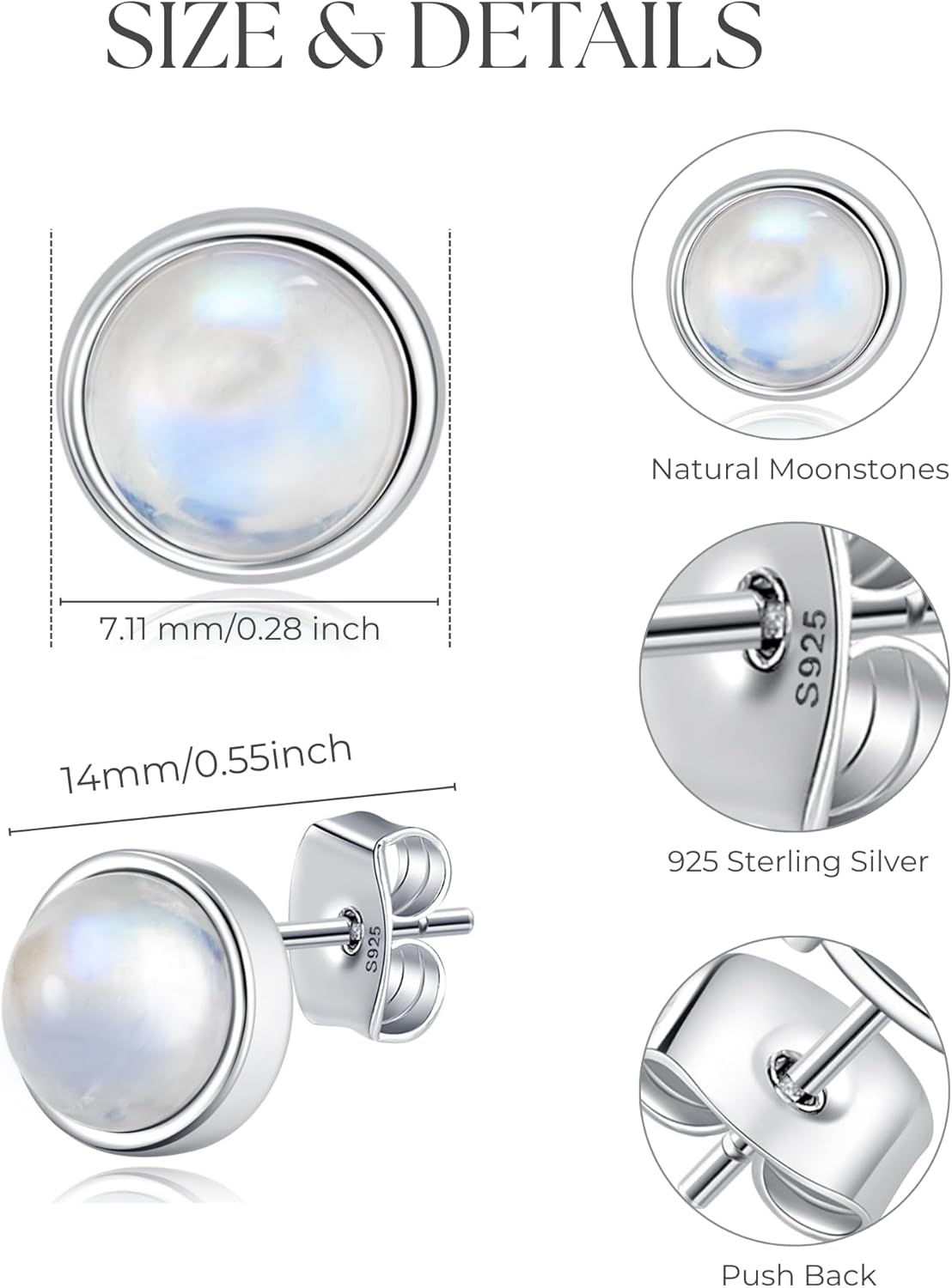 Natural Larimar/Moonstone Stud Earrings 925 Sterling Silver Round Earrings Natural Gemstone Jewelry for Women - Image 2