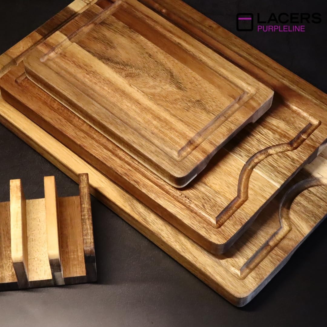 Lacers PurpleLine - Tabla de cortar de madera de acacia de 4 piezas con ranura para jugo y pies antideslizantes, juego de tablas de cortar con soporte, sostenible y versátil, perfecta para cocina,