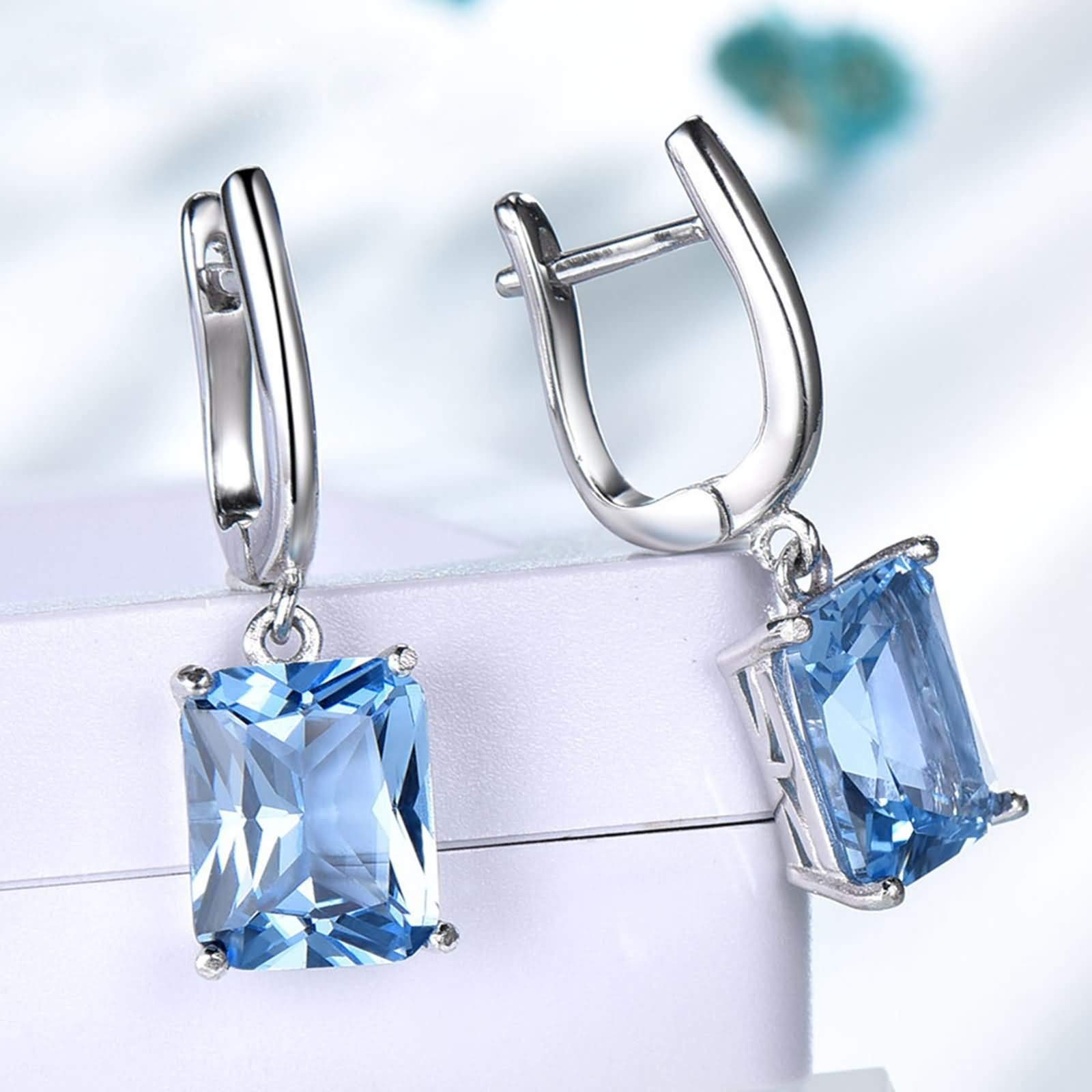 Orecchini da donna, orecchini da donna, per matrimonio, quadrato, in argento 925, per donna con topazio blu