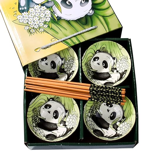 BOSILI Cute Panda Rice Bowls and Chopsticks set, Ceramic Rice Bowls for Dessert Soup Rice As A Good Gift (4 pieces)