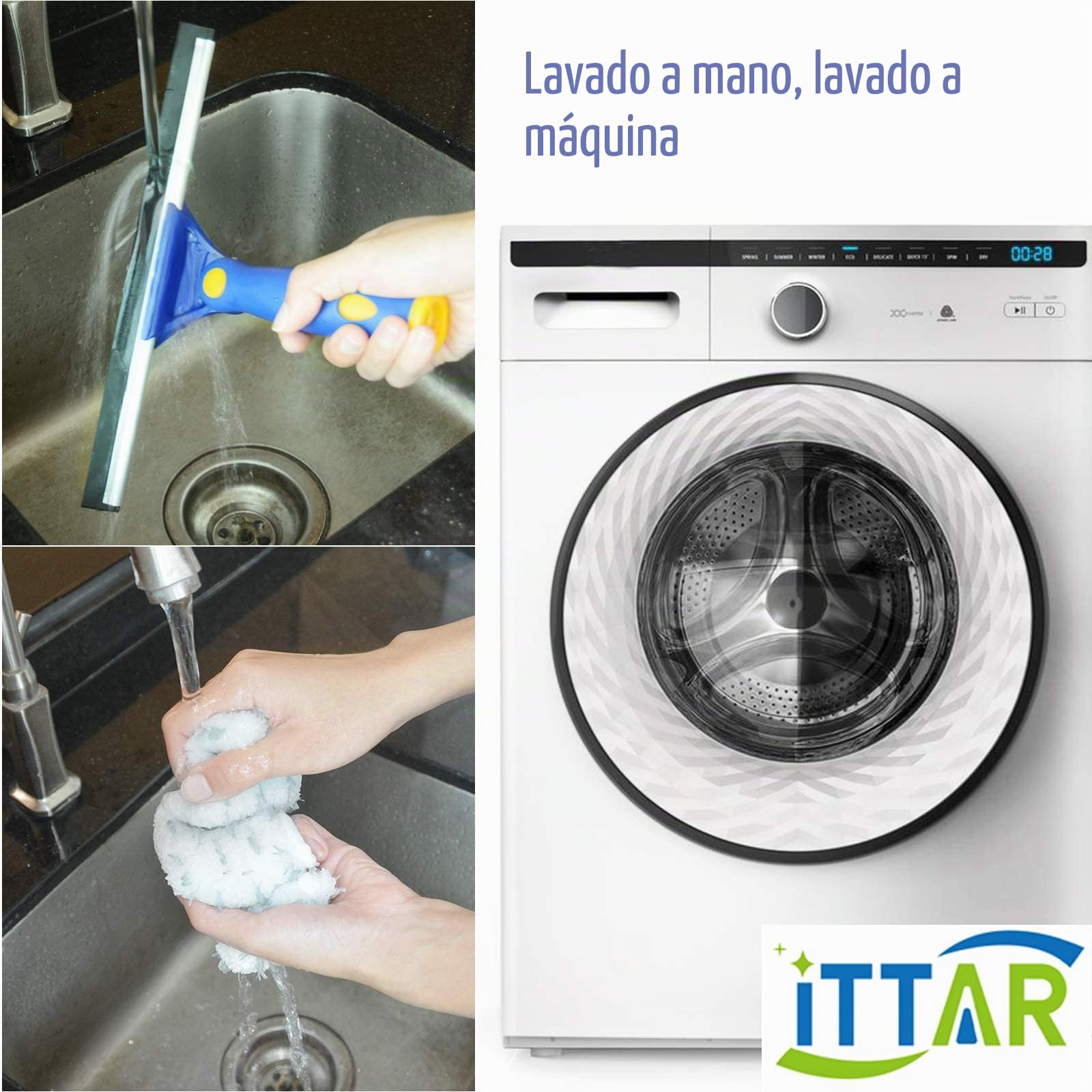 ITTAR Limpiacristales, escobilla giratoria y Estropajo de Microfibra con Poste Extensible de Acero Inoxidable de 3 Secciones, Herramienta de Limpieza de Ventanas con 2 Almohadillas de Microfibra para