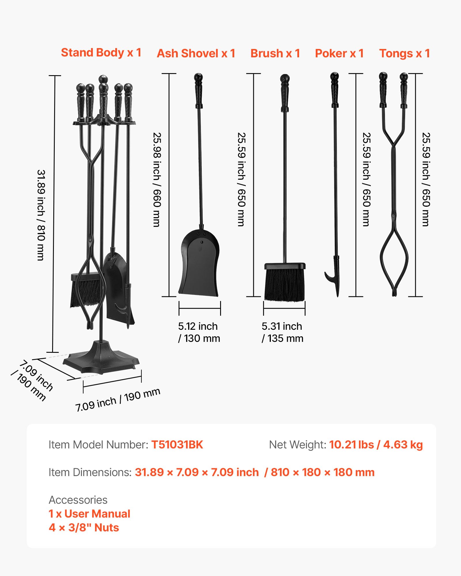 VEVOR Kaminbesteck-Set, 5-tlg. Ofenbesteck-Set, fünfzackiger Ständer, Zange, Ascheschaufel, Bürste, Schürhaken, Kaminzubehör aus Schmiedeeisen für Lagerfeuer drinnen/draußen, Schwarz