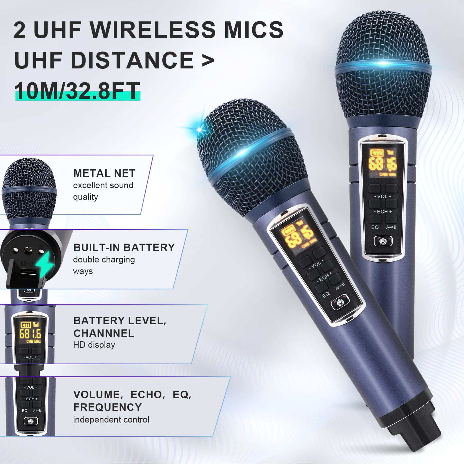 Urządzenie do karaoke Party Speaker z 2 bezprzewodowymi mikrofonami, głośnik Bluetooth do karaoke z ekranem dotykowym, światłem LED i stojakiem na telefon, głośnik do karaoke dla dzieci z