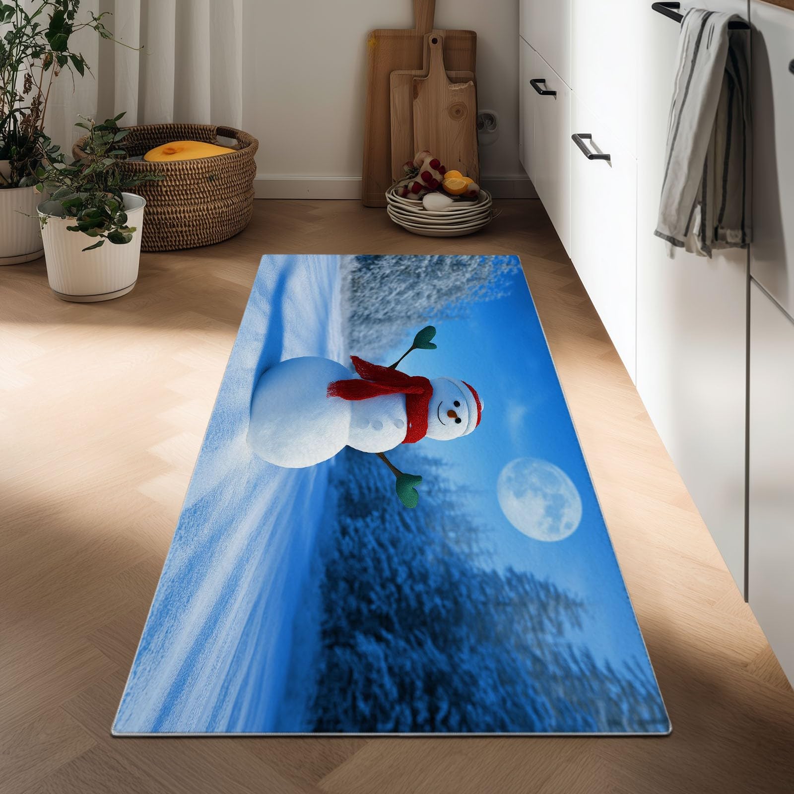 Generisch 3D Fotografie Küchen Läufer Teppich 60 x 120 cm für Flur, Weihnachten Wald Schneemann Läuferteppiche Waschbare Kitchen Runner Teppicheläufer für Entryway Wäsche Daneben