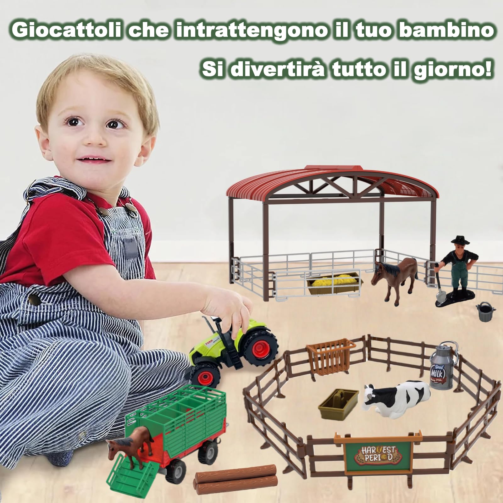 Scala 1:36 Veicolo agricolo inerziale (37 pezzi), stalle, set di combinazione di animali, giocattolo per bambini, trattore, fattoria, 3 effetti sonori simulati, luci