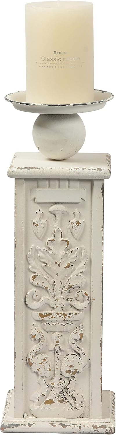 18" Tall Floor Candle Holders for Pillar Candles, Handmade White Large Solid Wood Candle Holder Handcarving Distressed Finish, Decorative Farmhouse Candle Stand for Home Wedding Housewarming Decor 1 White 6.7" x 6.7" x 19.7"