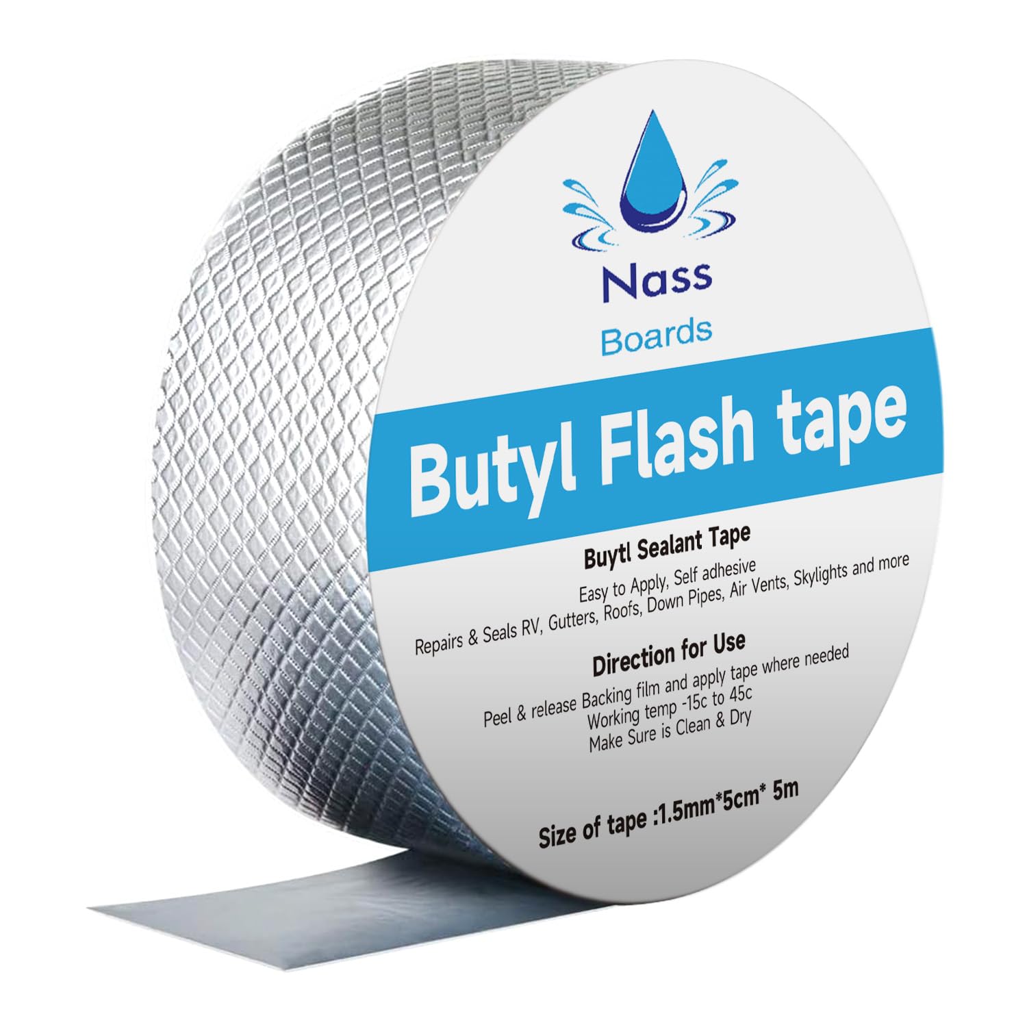 Nassboards Butyl Waterproof Tape, Flashing Tape, Roof Sealant, Butyl Tape and Waterproof Tape for Outdoor Use, Waterproof Sealing Tape for Leaks, Roofs, and More, Silver, 1.5mm x 5cm x 5m