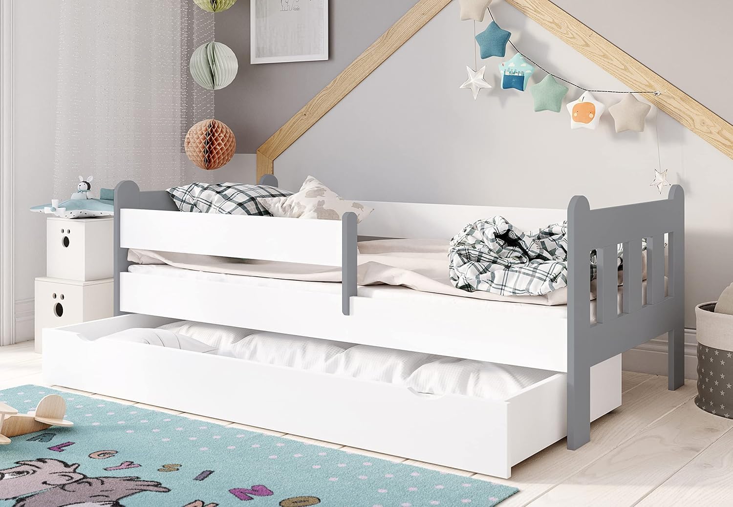Letto Bambini 80x180 Cm Con Materasso, Cassetto E Sponda Anticaduta – Design Rosa Unicorno Per 3-12 Anni, Bianco
