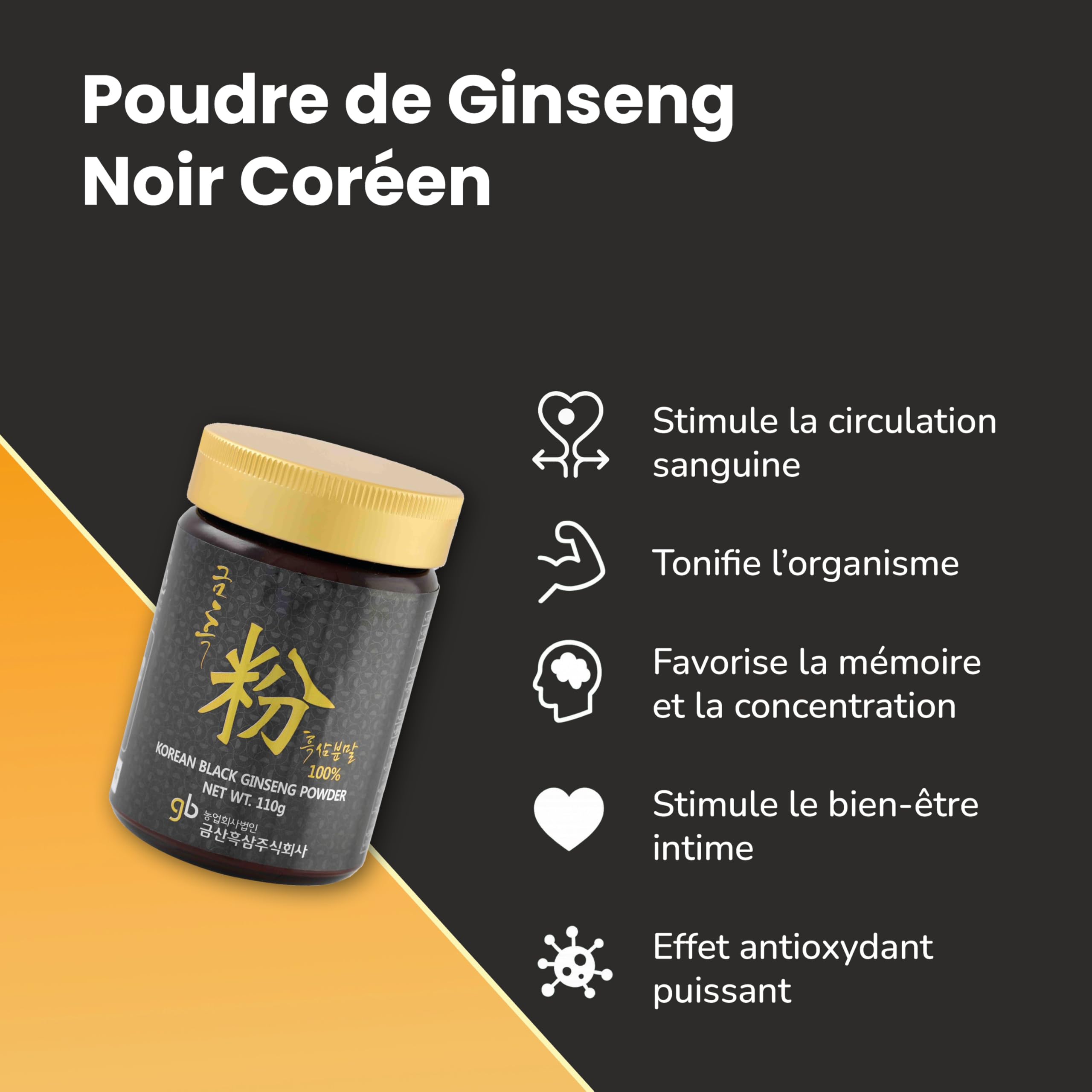 SAMSIDAE - Poudre de Ginseng Noir Coréen, Ginsénosides Rg1, Rb1, Rg3 = 4 mg/g, Mémoire et ÉnergieRacines de 4 à 6 ans, Qualité Supérieure, Cure de 1 mois, 110g