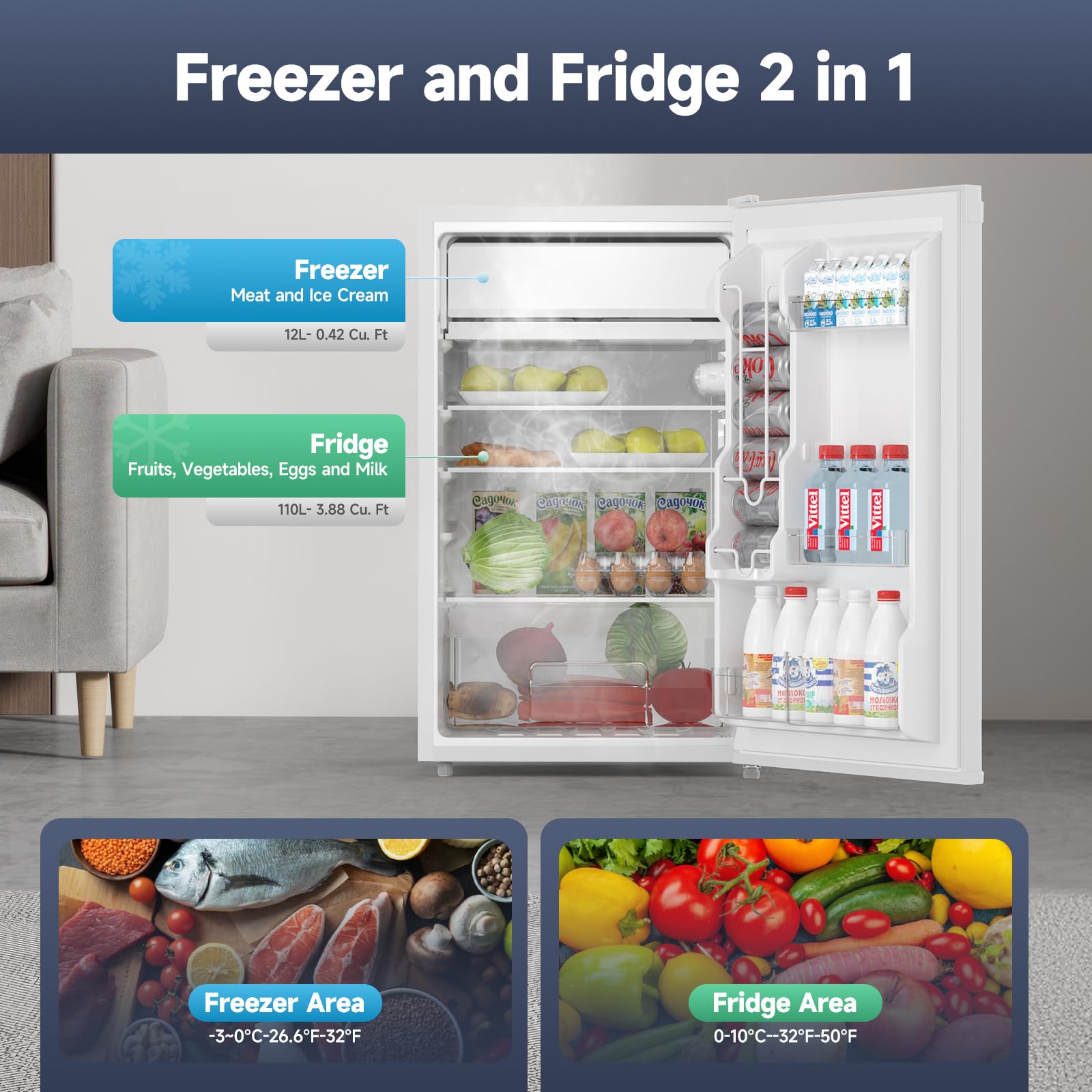 Peacefulhues 4.3 Cu.Ft Mini Fridge With Freezer, Compact Refrigerator For Bedroom Office Dorm RV, Single Door Adjustable Temperature, Removable Shelves & Crisper Drawer on Fridge.com - View 6