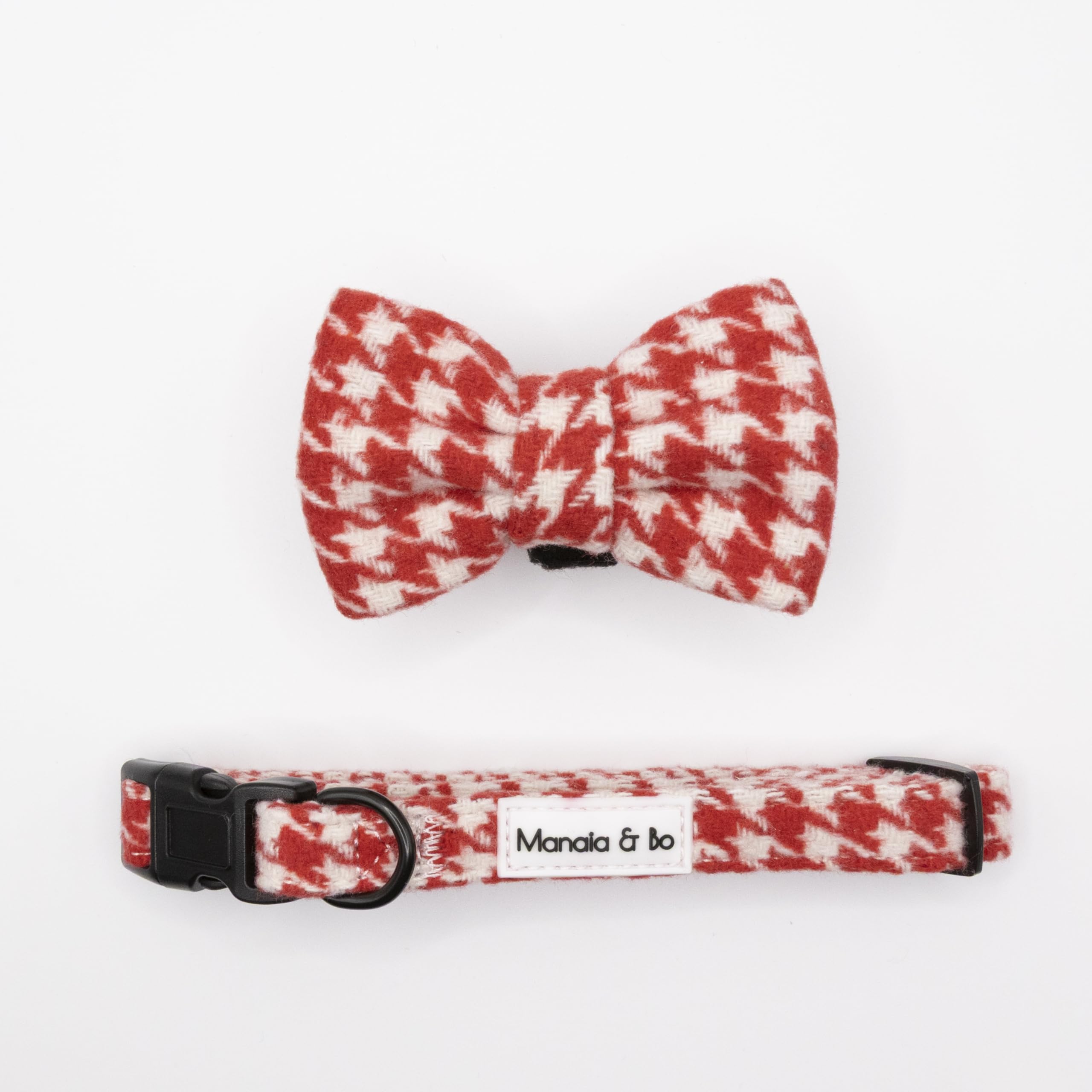 Premium Quality 9cm x 6cm Scarlet Houndstooth Tweed Dog Bow Tie & 1.5cm Wide Adjustable Dog Collar with Black Fastenings | Neck: 22-30cm (Extra Small, Collar & Bow Tie) — image 1
