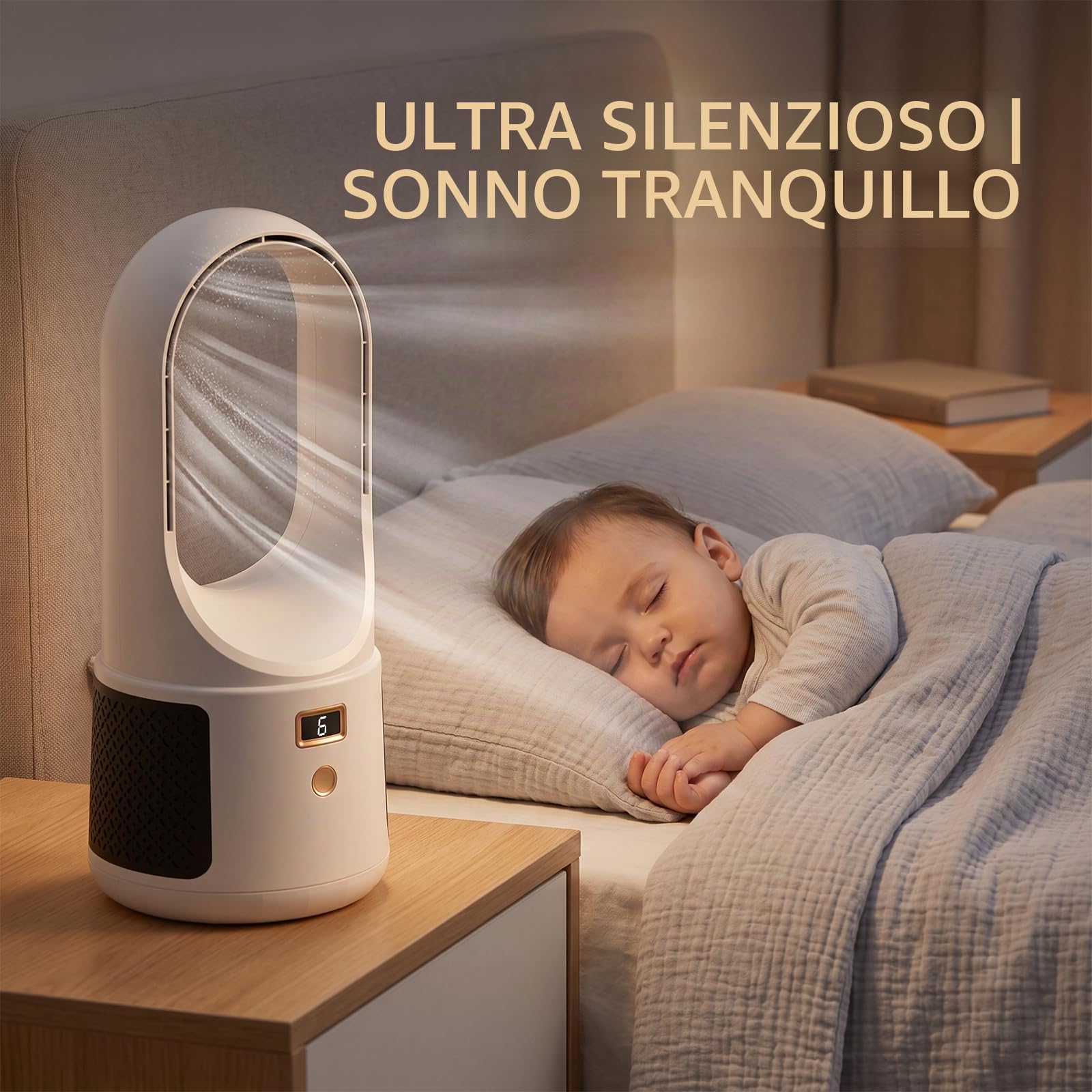 Ventilatore senza Pale, 25dB Ventilatore da Tavolo Silenzioso | 6 Velocità, Autonomia 8h, Sicuro per Bambini e Animali, Tavolo e Camera da Letto, Funziona in Caso di Blackout