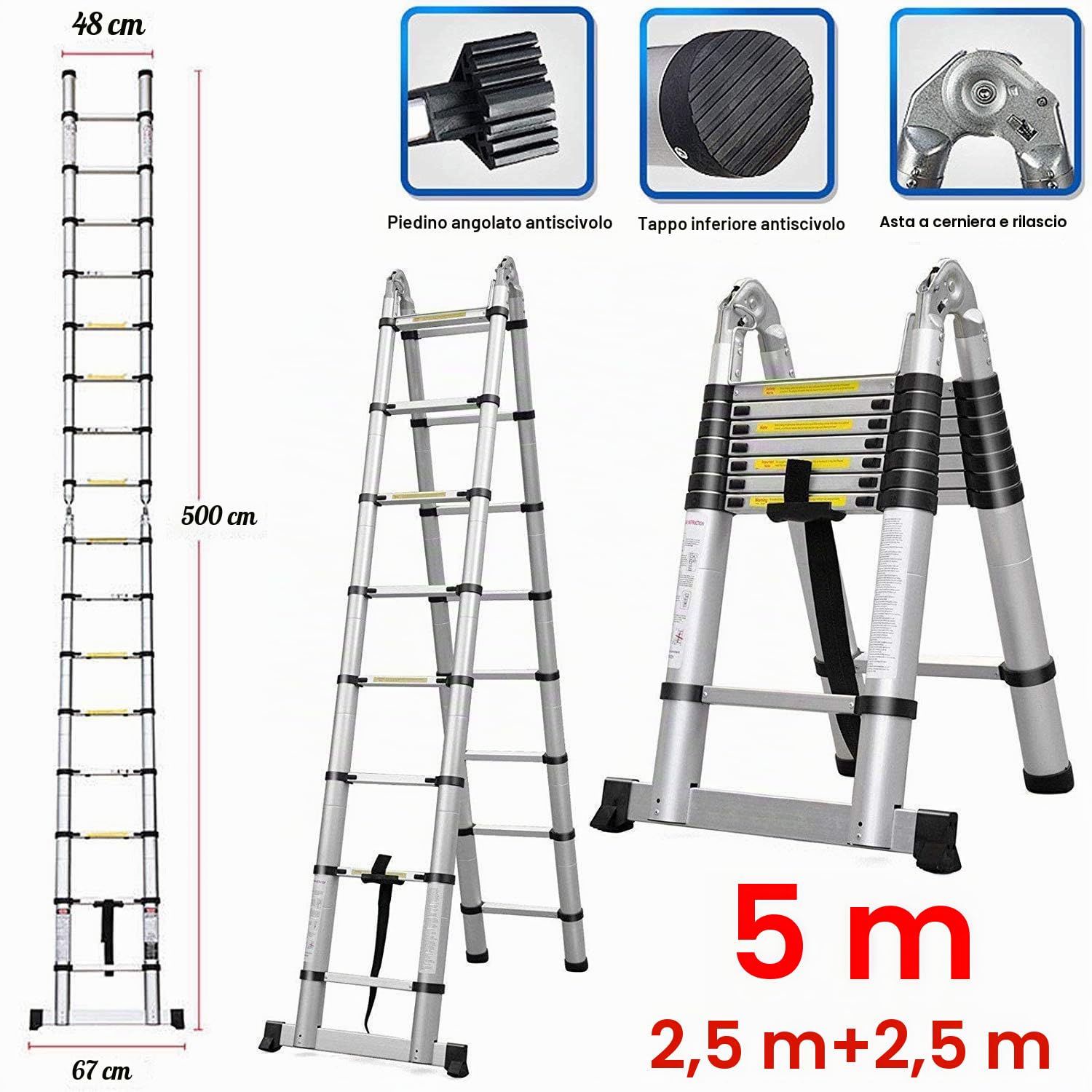 Scala telescopica pieghevole da 5 m, con gomma antiscivolo, multiuso allungabile, 150 kg, in alluminio