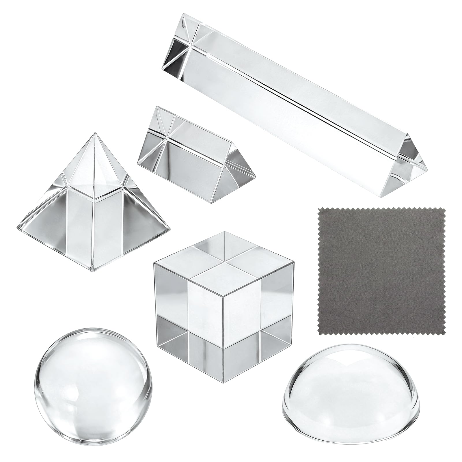 PATIKIL 6 Pack K9 Optical Crystal Prism Set, 59mm Dome Magnifying 50mm Crystal Ball 49mm Cube 150mm and 50mm Triangular Prism Crystal Pyramids with Cloth for Photography Teaching