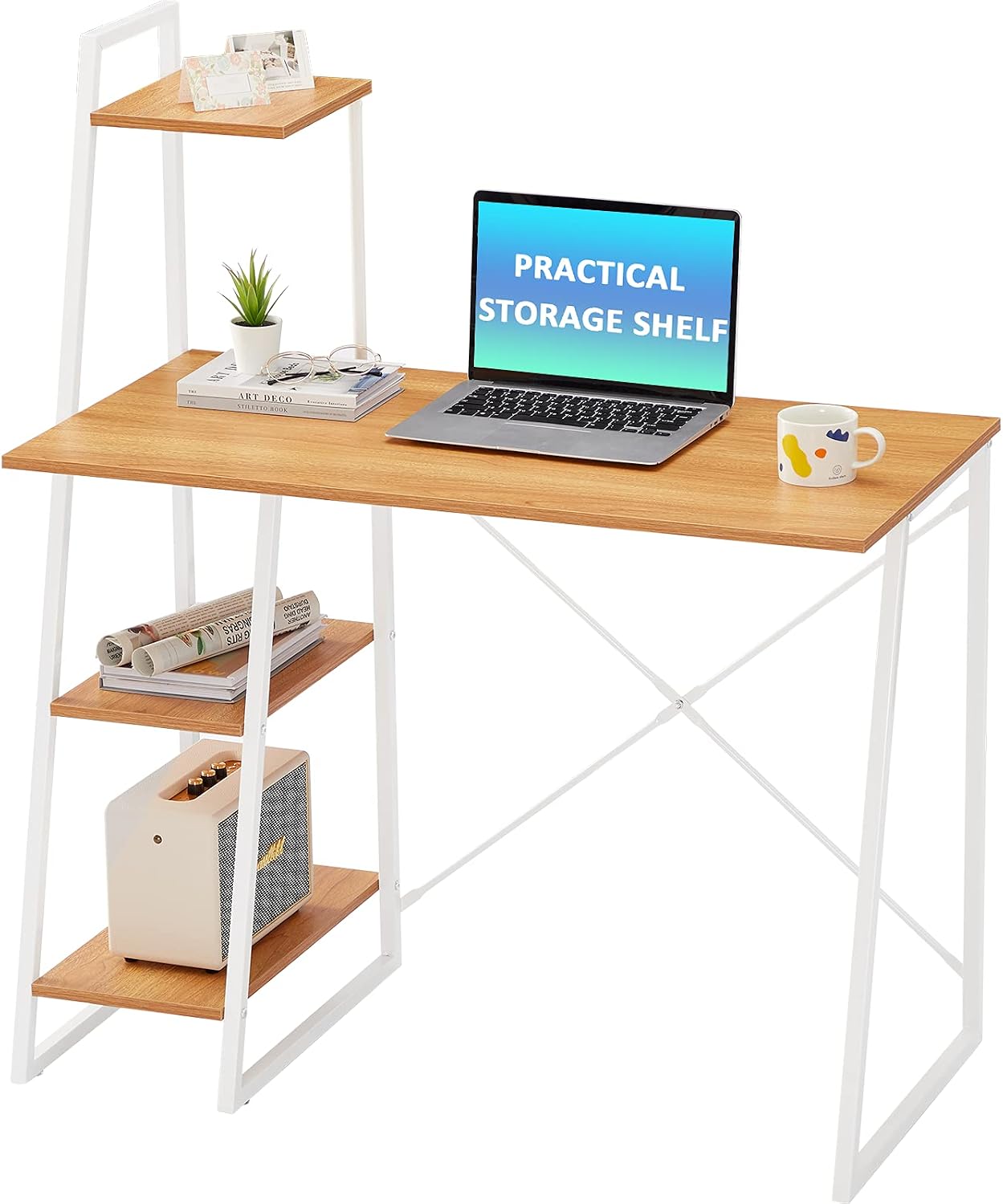 Coavas Office Desk Computer-Desk with Shelves 40" Writing Desk with Shelf Small Study Desk with Bookshelf PC Laptop Table for Home Office, Oak