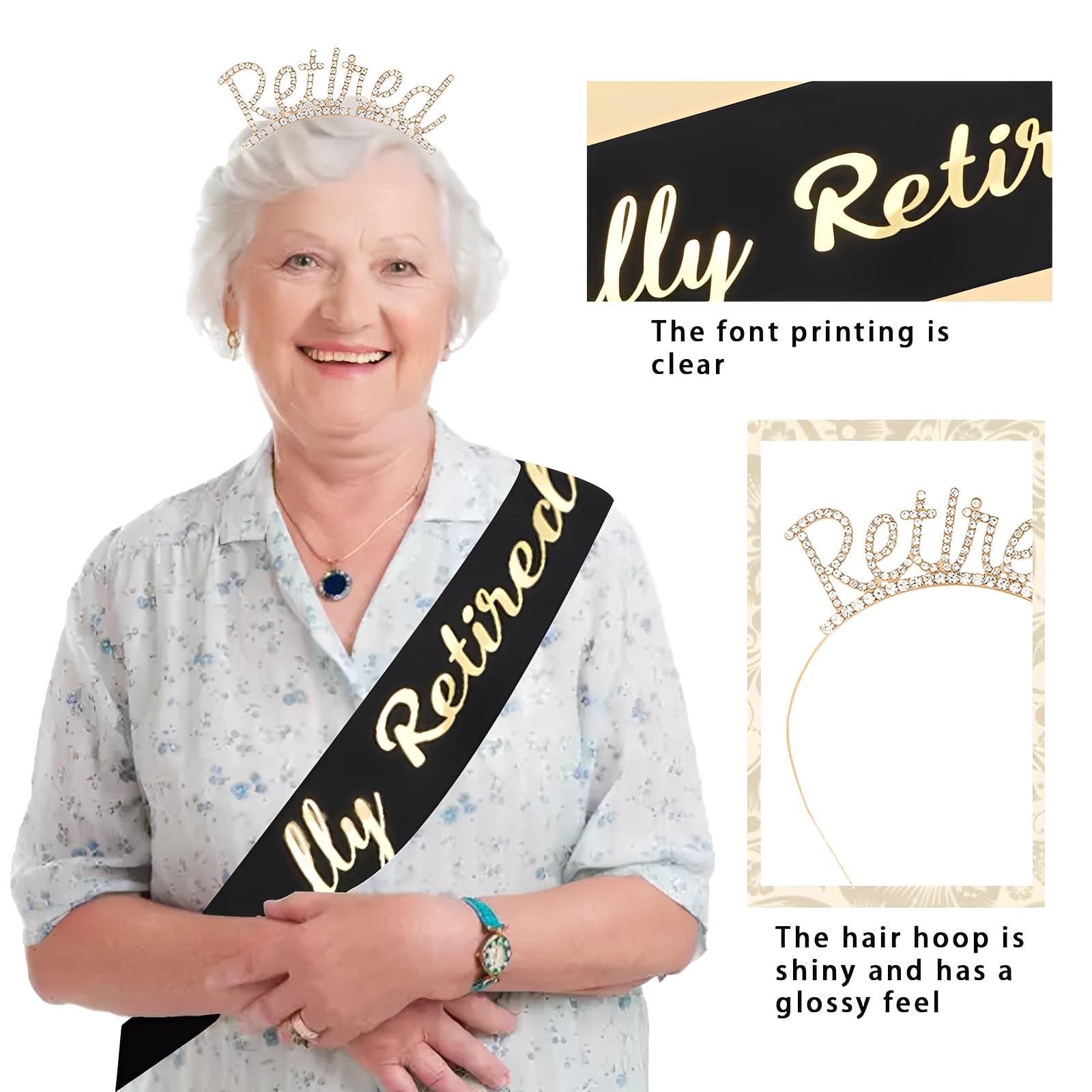 Retirement Sash and Tiara Set,Elegant Black Retirement Sash for Women and Men,Happy Retired Party Decorations,for Women's Classic Happy Retired Rhinestone Headband and Sashes Party Decorations - Image 3
