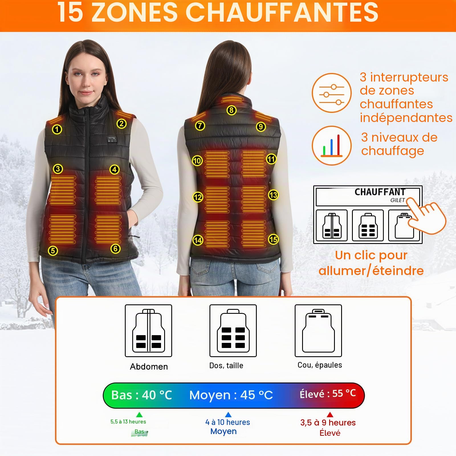 Amiable Gilet Chauffant Femme,Veste Chauffante avec 10000mAh Batterie Incluse,Gilet Chauffant Electrique avec 15 Zones,pour Moto Pêche Ski Activités de Plein Air