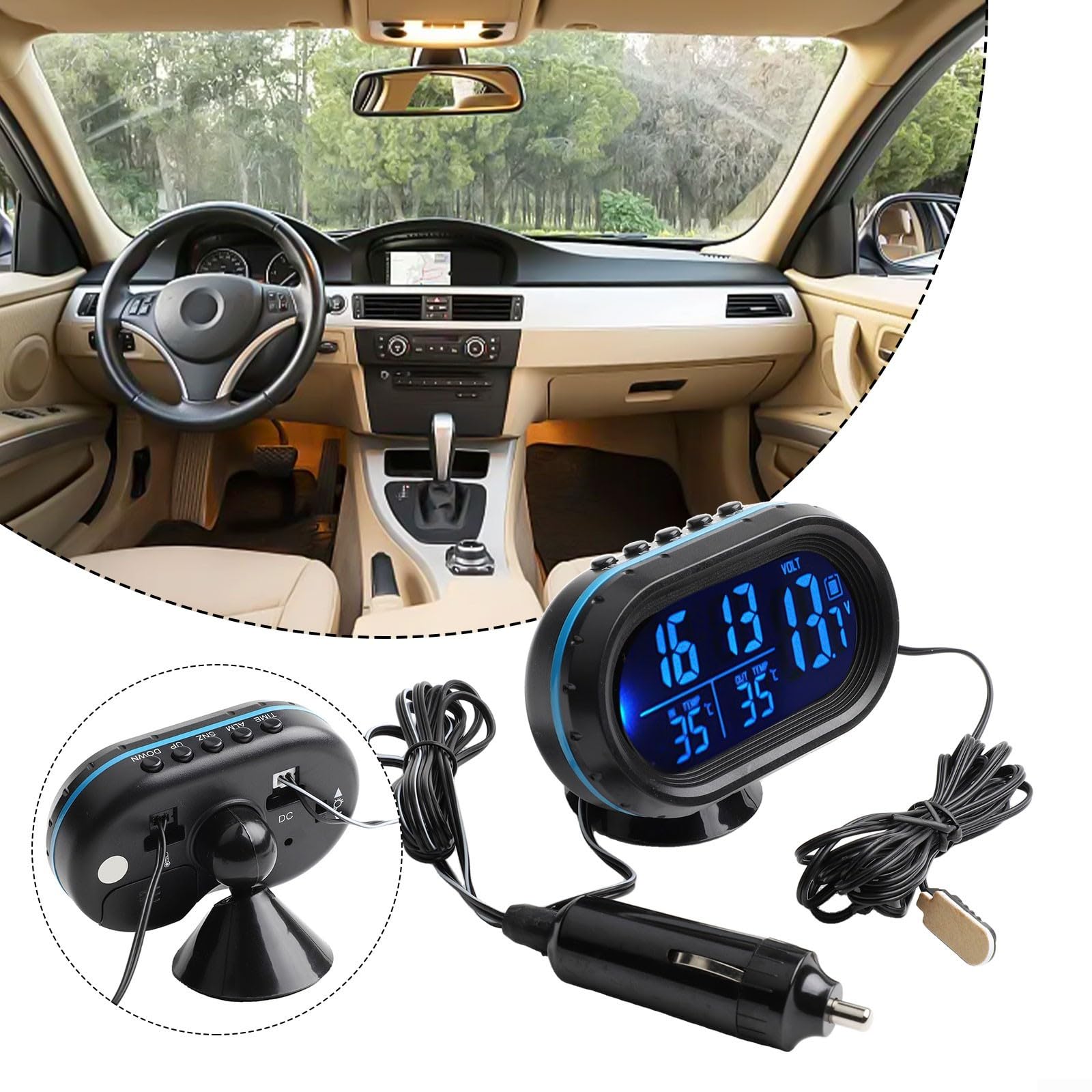 12V Digital Auto Uhr Thermometer Hygrometer Voltmeter mit Temperaturanzeige Innen/Außen, Batteriespannung Überwachungsalarm, Multifunktions Wetterstation für KFZ LKW, Blau/Orange(blue)
