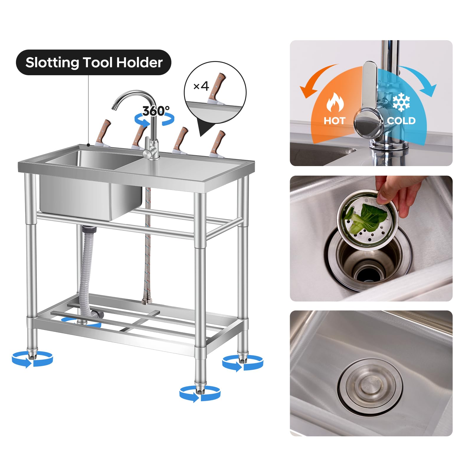 Garvee Évier Utilitaire Autoportant en Acier Inoxydable 30 Pouces, Mitigeur Chaud/Froid avec Plan de Travail Intégré et Étagère de Rangement, Évier Utilitaire Cuisine Garage Restaurant