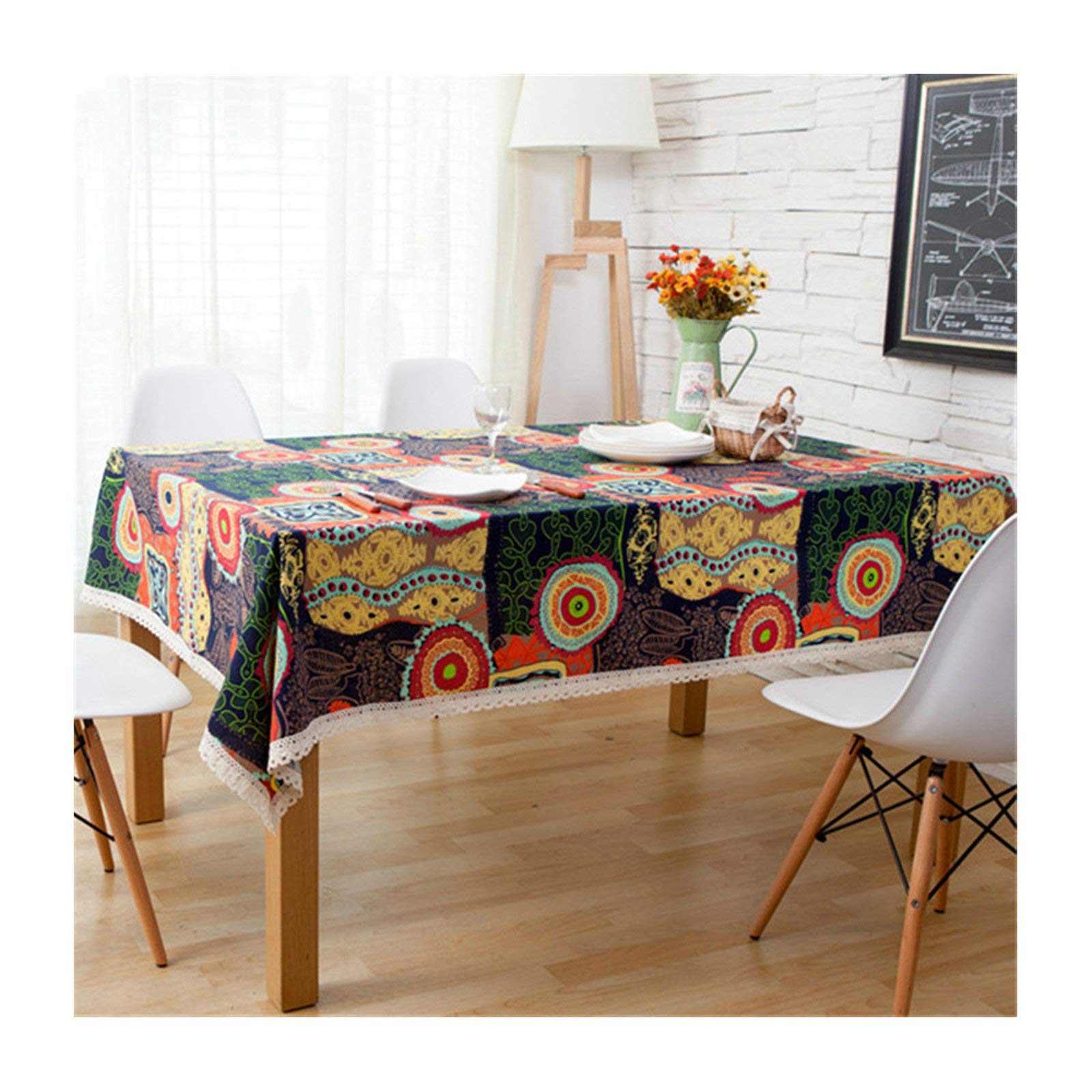 Nappe moderne multicolore 140x220cm aspect lin avec finition dentelle bohème