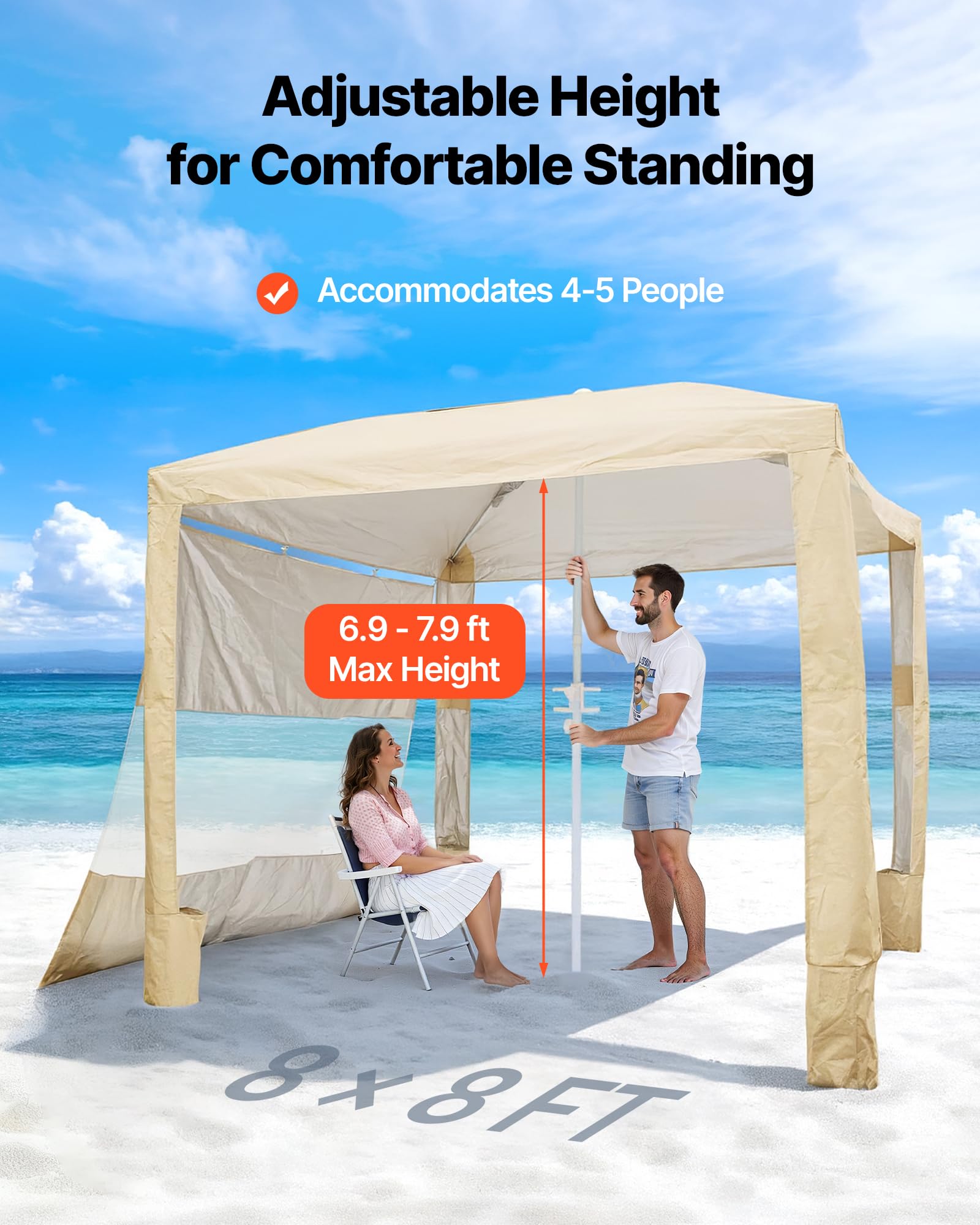 VEVOR Cabaña de Playa 2,4 x 2,4 m, con Pared Lateral, Protección Solar UPF 50+, Pabellón de Playa con Sacos de Arena, Sombrilla Portátil y Ajustable en Altura para Familiares y Amigos, Caqui