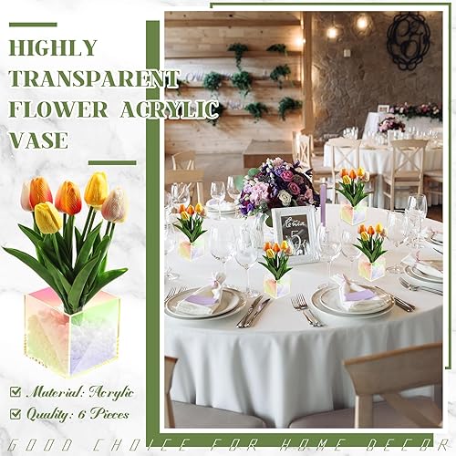 Miniatura 4 de Meanplan Jarrón transparente iridiscente de 6 piezas, diseño de arco iris, moderno jarrón de acrílico, colorido jarrón cuadrado con forma de cubo