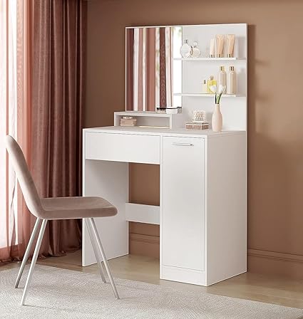 Furnilife Dressing Table with Mirror, 1 Drawer, 2 Shelves, Storage Unit, Makeup Organizer, White Color (DxWxH): 80 x 40 x 132 cm, Suitable for Bedroom, Laundry Room, Closet, etc.