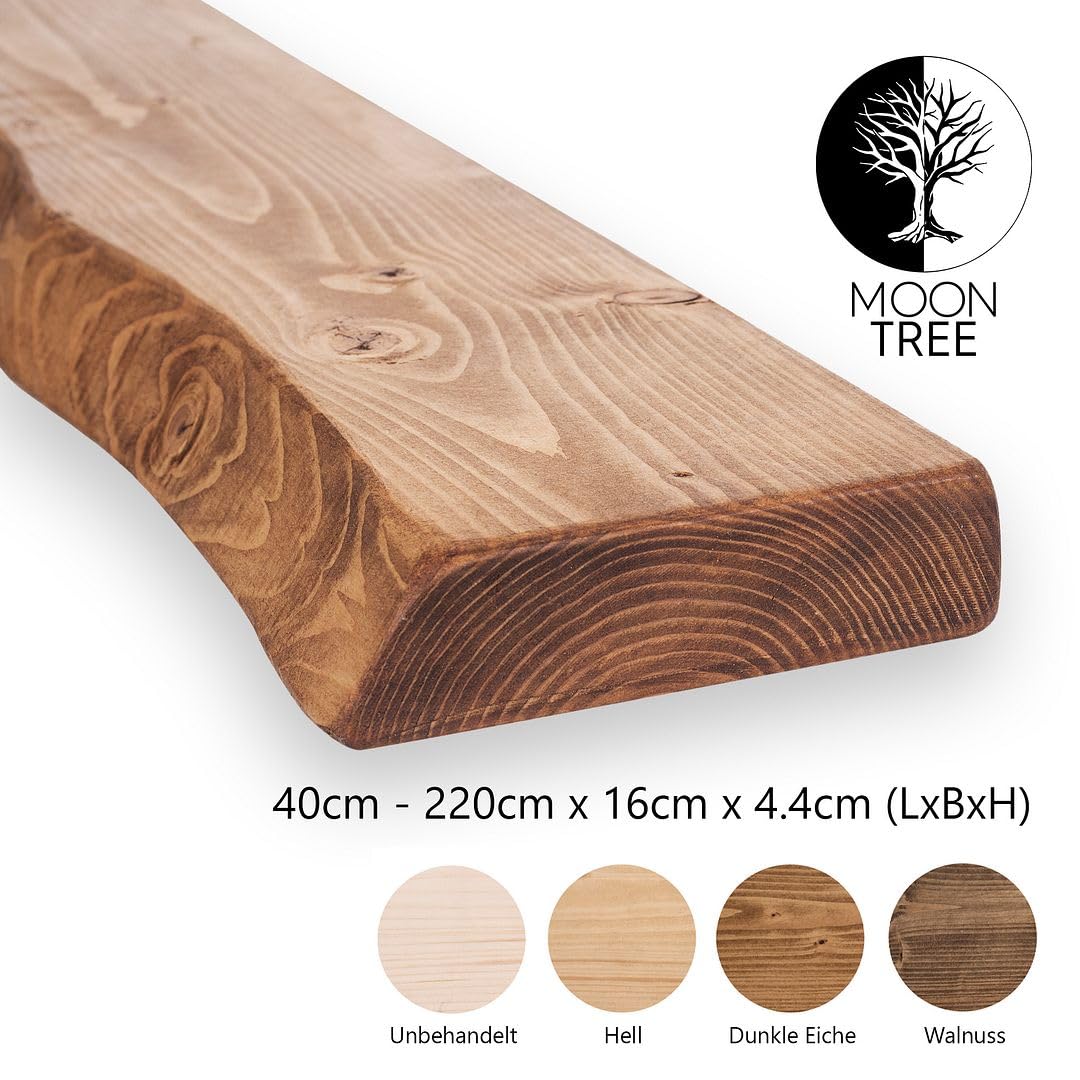 MoonTree rustikales Wandregal, lebendiger Rand, 170 cm x 16 cm x 4.4 cm, Walnuss