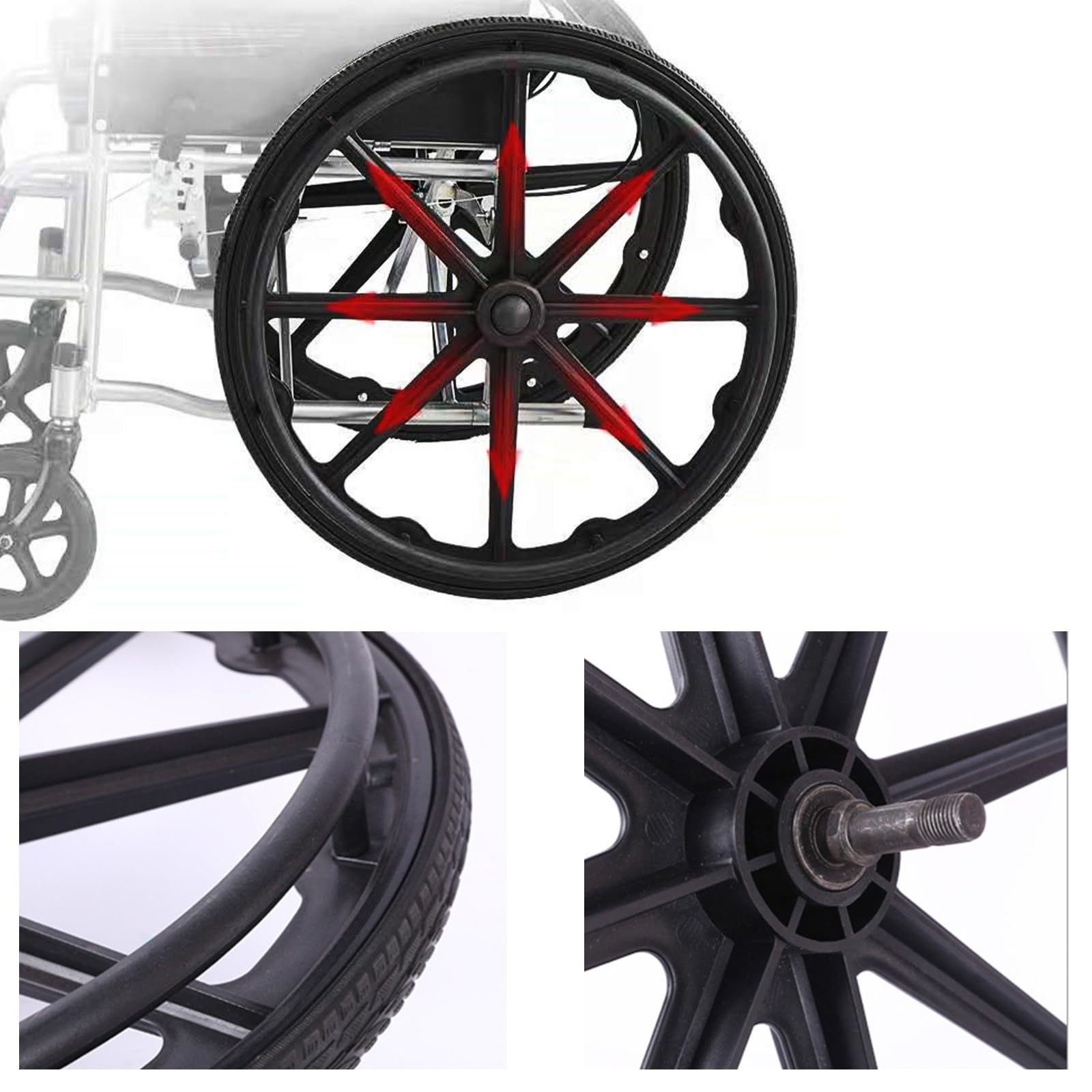 2 ruedas de repuesto para silla de ruedas de 20 pulgadas para caminantes, ruedas de silla de ruedas con rodamientos, poliuretano sólido a prueba de pinchazos antideslizante, buje de nailon reforzado,