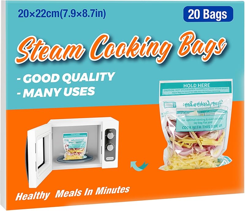 20 × Microwave Steam Cooking Bags Large Size Steam Food Storage Bags Disposable Microwave Steaming Cooking for Vegetables, Potatoes and Meat, Easy to Use (20 PCS)