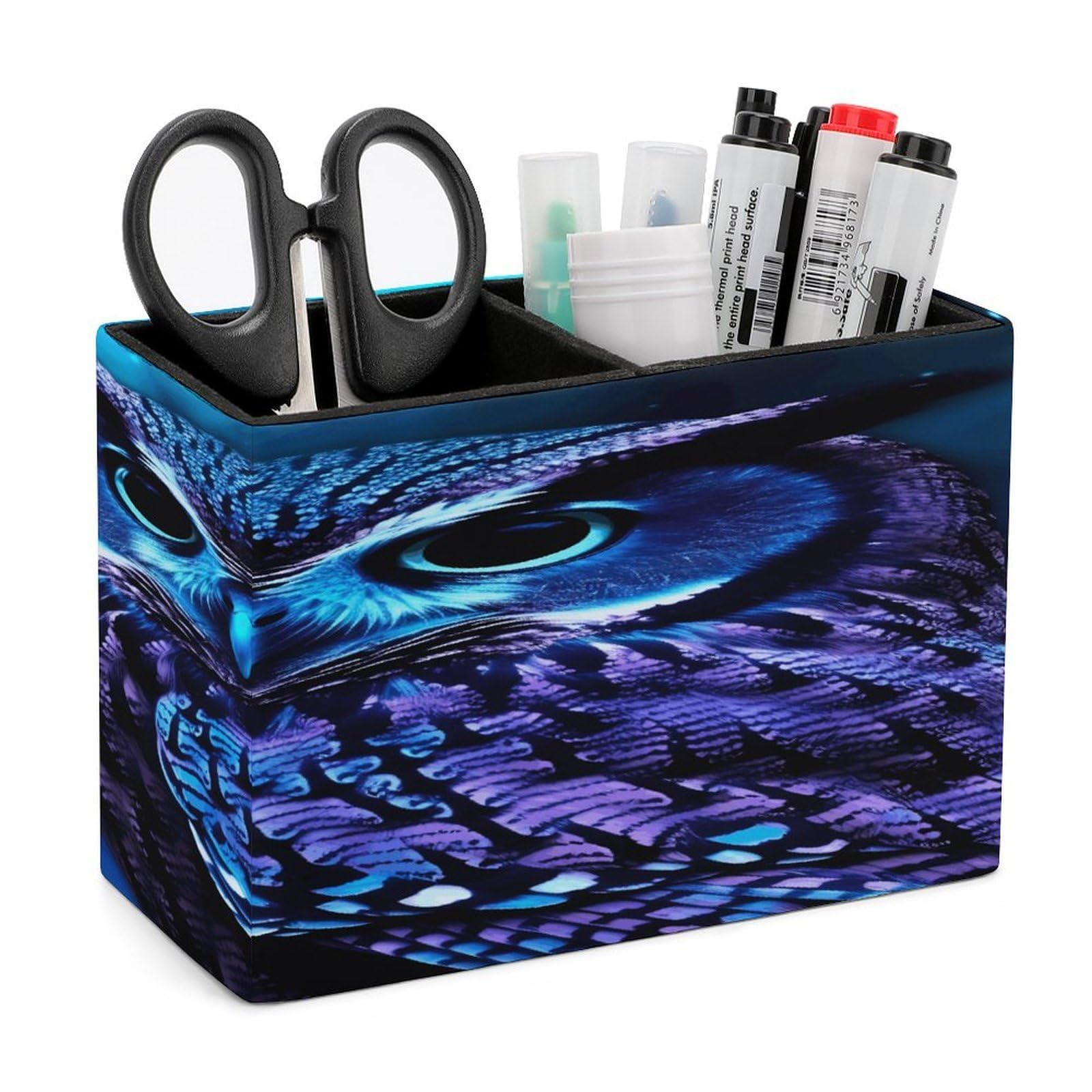 FekiLoot PU Leather Blue Owl Pen Holder for Desk 2 Compartments Desktop Stationary Organizer Rectangle Table Pencil Cup Stand Desktop Stationery Organizer Case for Office Home