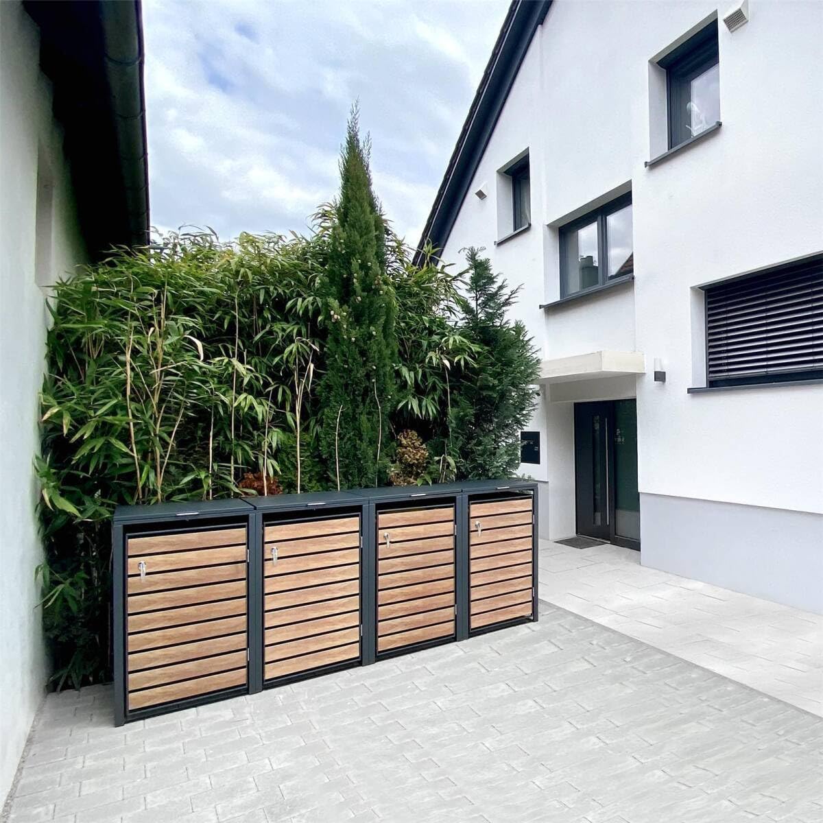 Metzler Mülltonnenbox in Anthrazit & Holzoptik 4er 240L, Mülltonnenverkleidung 4 Tonnen, witterungsbeständiger und pulverbeschichteter Stahl mit Automatikdeckel, Müllbox abschließbar