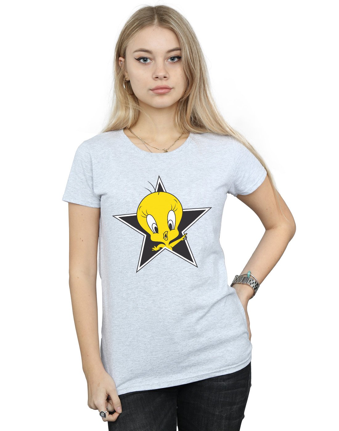 Absolute Cult Women's Sport Grey Looney Tunes Tweety Pie Star T-Shirt Large