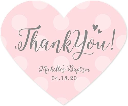 Andaz Press Colección de bautismo de bebé niña rosa y gris, mini etiquetas adhesivas de corazón personalizadas, agradecimiento, paquete de 75,