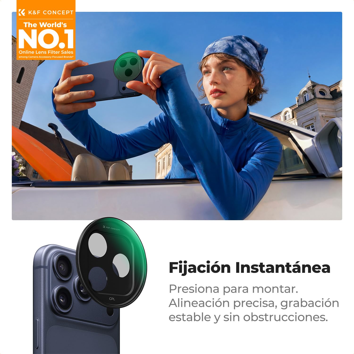 K&F CONCEPT FA301 Snap-On Filtro CPL para iPhone 17 Pro Max/17 Pro, Ultraligero 9,5g Filtro Polarizante CPL con Snap-on Deco Montaje, Vidrio AGC con Recubrimiento de 28 Capas Antirreflejo, Negro