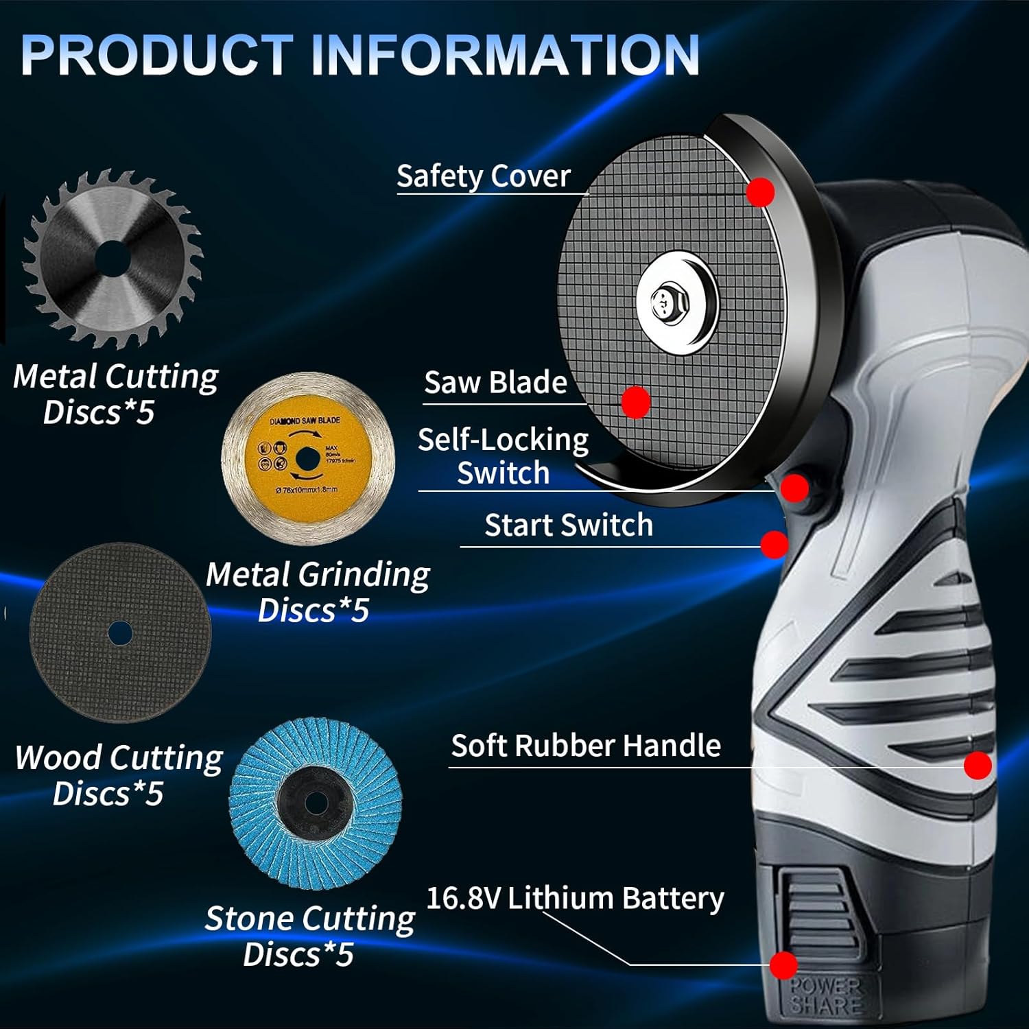 Cordless Brush Angle Grinder Kit, 13000RPM Mini Grinder with 2pcs 16.8V 2000mAh Batteries and 20 Cutting Discs, Power Angle Grinder Tool for Tile Concrete Metal Wood Cutter