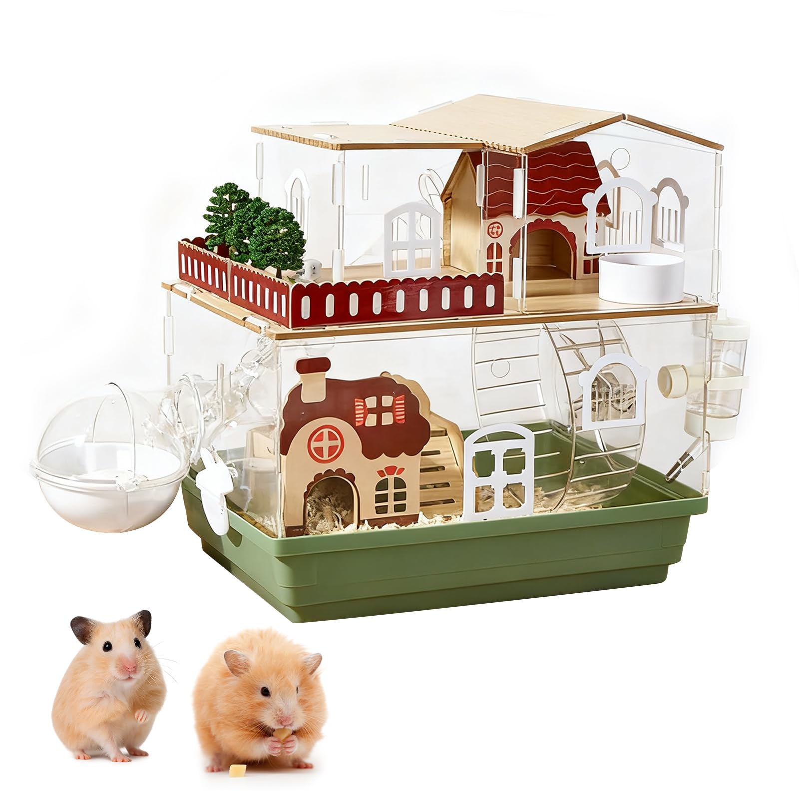 12-in-1 Acryl-Hamsterkäfig im Gartendesign 35 × 26 × 37 cm – Transparent, Mehrstöckig, inkl. Holzvilla, Laufrad, Tunnel, Trinkflasche, Badehäuschen & Spiel-Zubehör (2 Ebenen)