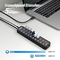 Vista 2 de Concentrador USB 3.0 alimentado, extensión divisor de concentrador USB de 11 puertos, 7 puertos de datos USB 3.0 + 4 puertos de carga inteligente