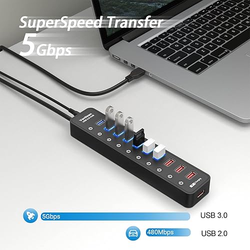 Miniatura 2 de Concentrador USB 3.0 alimentado, extensión divisor de concentrador USB de 11 puertos, 7 puertos de datos USB 3.0 + 4 puertos de carga inteligente