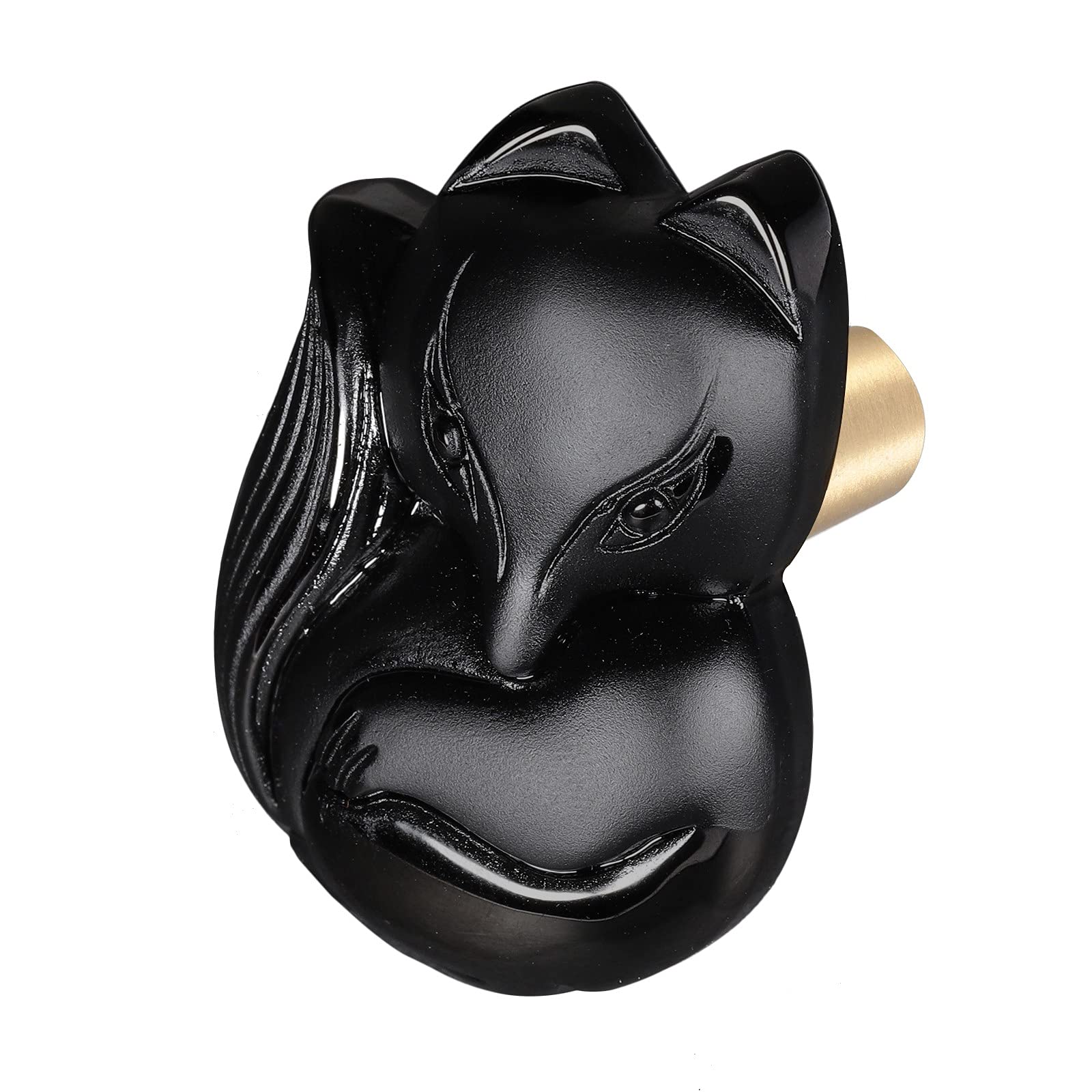 Amogeeli 2pcs Black Obsidian Stone Fox Knobs with Screws, Hand-Carved Crystal Cabinet Drawer Knobs